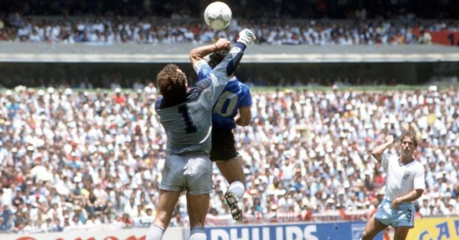 The infamous 'Hand of God' goal scored by Diego Maradona during the 1986 FIFA World Cup quarters