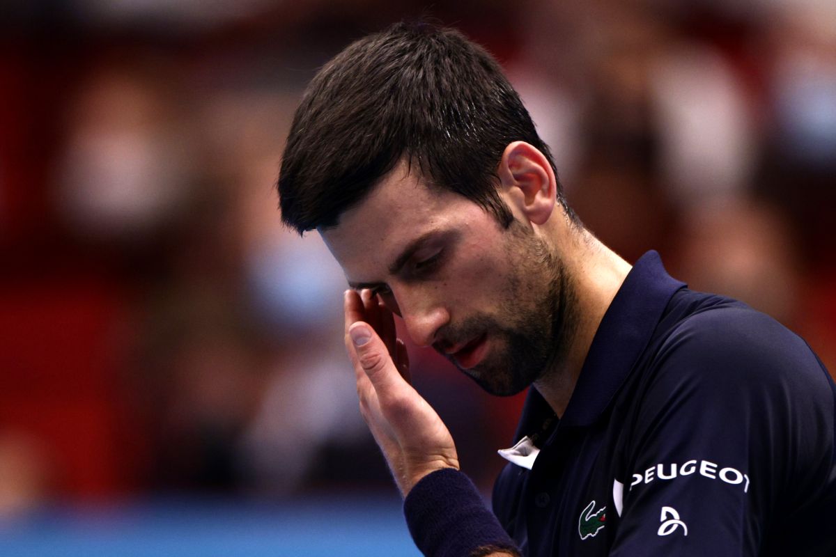 Serbia's Novak Djokovic reacts during his quarter final match against Italy's Lorenzo Sonego at Vienna Open on Saturday 