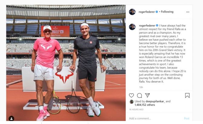 Roger Federer's Instagram post congratulating Rafael Nadal