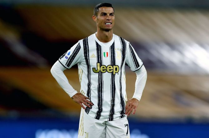 Cristiano Ronaldo of Juventus reacts during the Serie A match between AS Roma and Juventus at Stadio Olimpico on September 27, 2020 in Rome, Italy