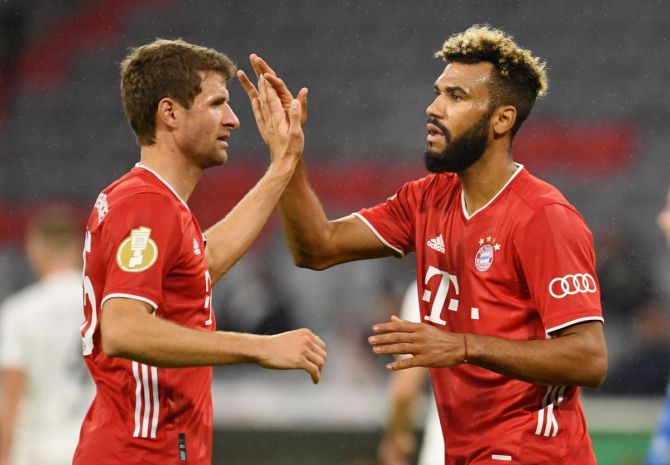 Bayern Munich's Eric Maxim Choupo-Moting celebrates with teammates on scoring their first goal against FC Duren in their German Cup match at Allianz Arena, Munich on Thursday 