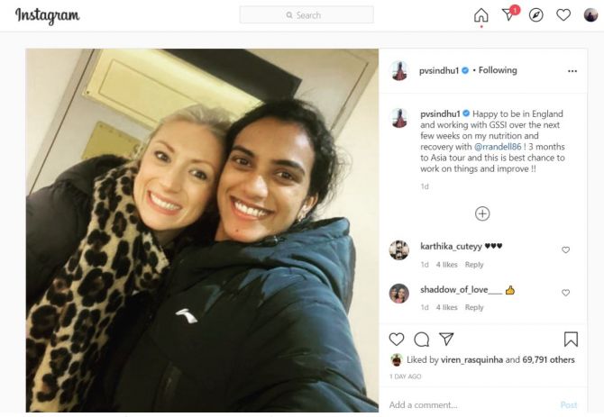 India badminton ace PV Sindhu with London-based sports nutritionist Rebecca Randell in this Instagram picture.
