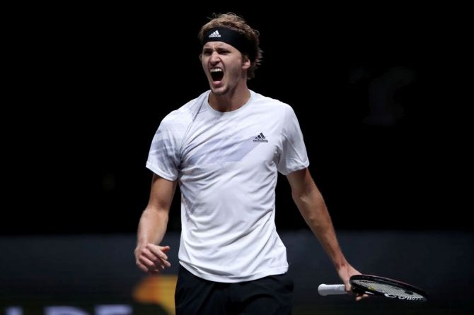Germany's Alexander Zverev celebrates after a point during the semi final match against Italy's Jannik Sinner on day six of the Bett1Hulks Championship Tennis Tournament at Lanxess Arena in Cologne, Germany, on Saturday