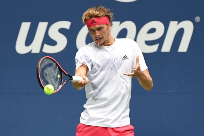 Germany's Alexander Zverev hits a forehand against South Africa's Kevin Anderson