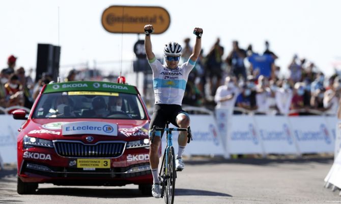 Astana Pro Team rider Kazakhstan's Alexey Lutsenko wins the Tour de France,  Stage 6 Le Teil to Mont Aigoual in France on Thursday