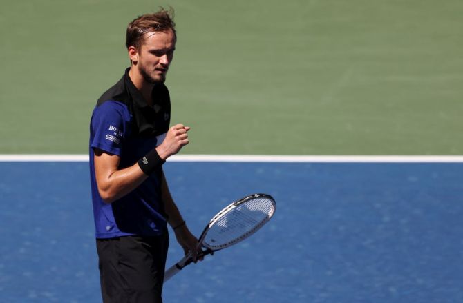 Russia's Daniil Medvedev reacts after winning a point during his third round match against USA's JJ Wolf