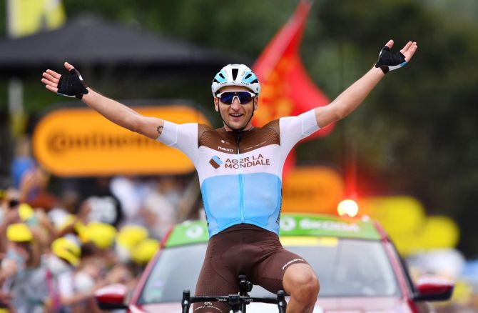 AG2r La Mondiale's French rider Nans Peters wins the 8th stage from Cazeres-sur-Garonne to Loudenvielle in France on Saturday