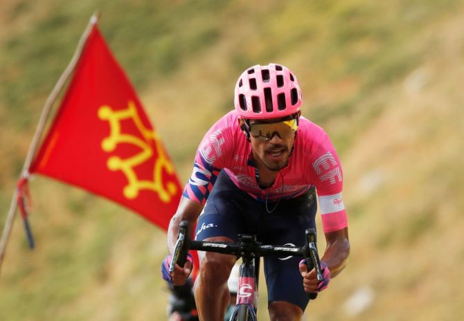 EF Pro Cycling rider Daniel Felipe Martinez of Colombia finishes to win stage 13, Chatel-Guyon to Puy Mary Cantal, France, on Friday