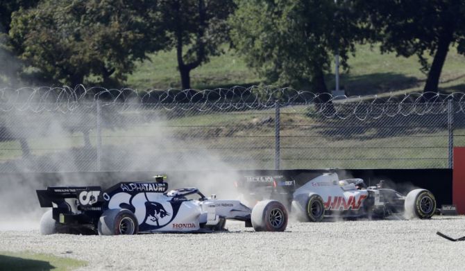 AlphaTauri's Pierre Gasly in the gravel trap after crashing out of the race during the Tuscan F1 Grand Prix at Mugello, Scarperia e San Piero in Italy on Sunday 