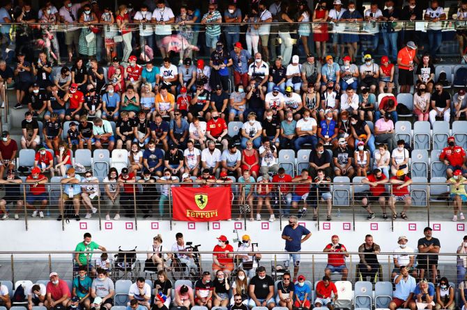 Fans watch the action during the F1 Grand Prix of Russia at Sochi Autodrom