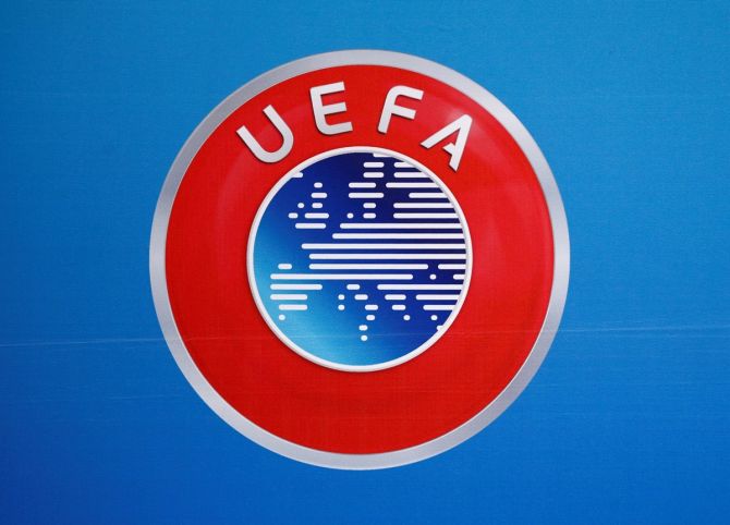 The UEFA logo is pictured on a backdrop before a news conference after a UEFA Executive Board meeting in Nyon, Switzerland.