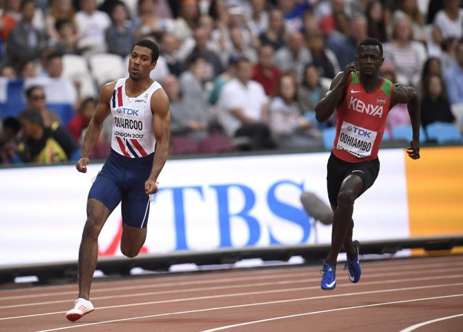 Mark Otieno Odhiambo and Jonathan Quarcoo of Norway in action during the World Athletics Championships men's 200 metres heats, at London stadium, London, on August 7, 2017