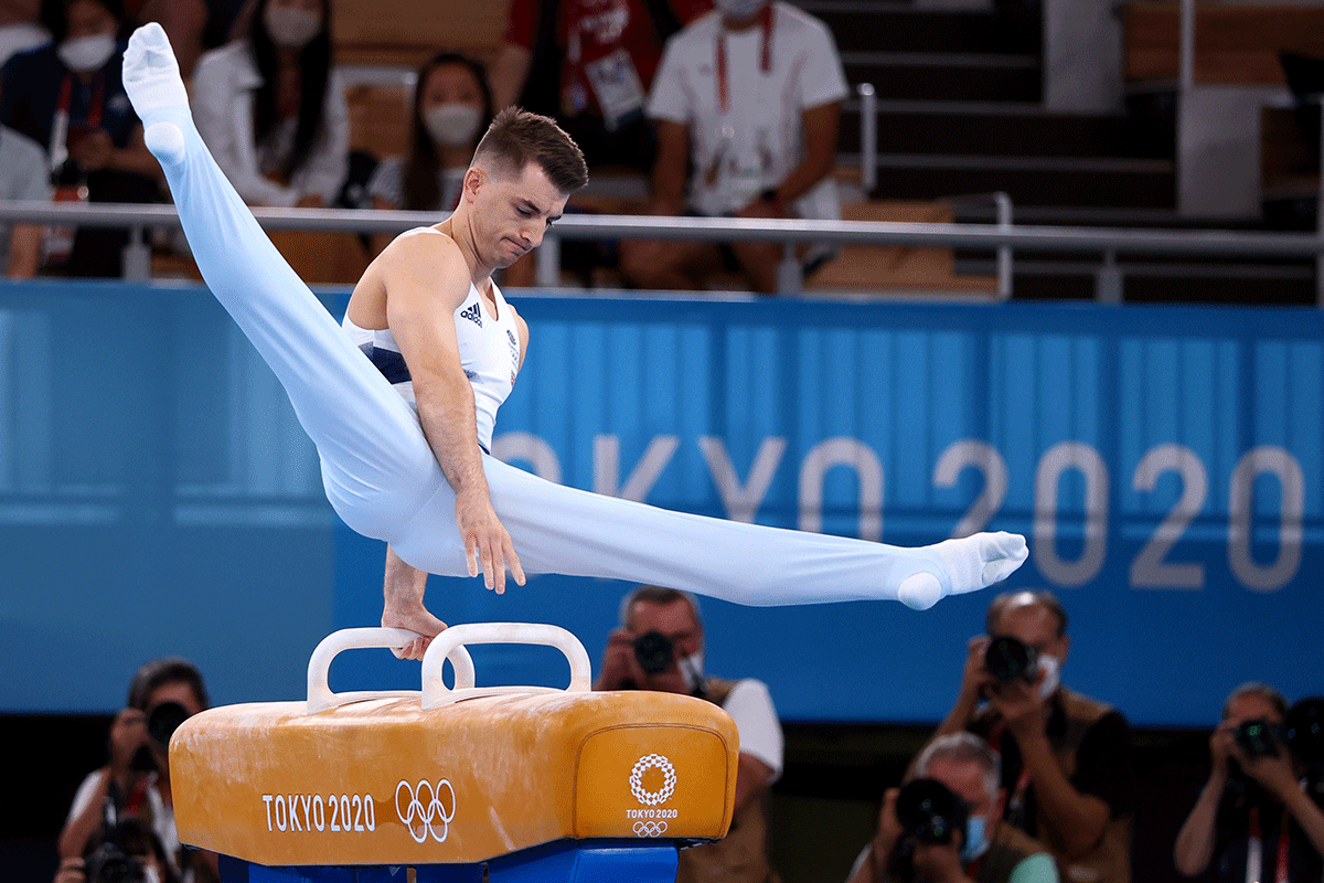 Max Whitlock of Britain in action on the pommel horse on Sunday