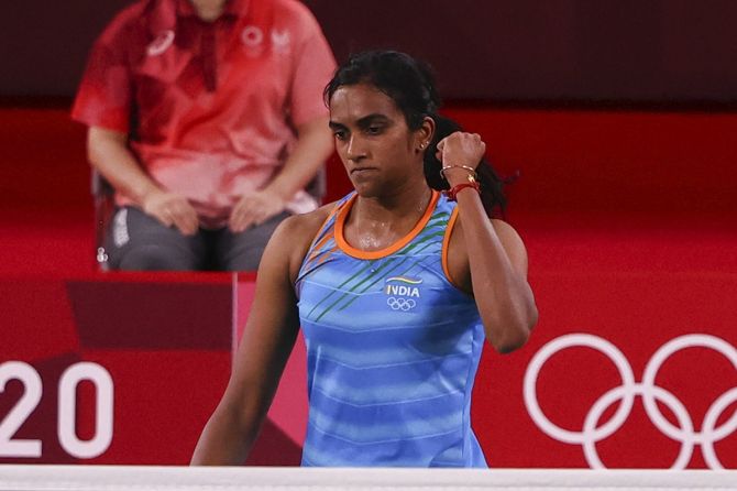 India's Pusarla Sindhu reacts after winning a point during her Olympics women's bronze medal match against China's He Bingjiao, at Musashino Forest Sport Plaza, Tokyo, on Sunday. 