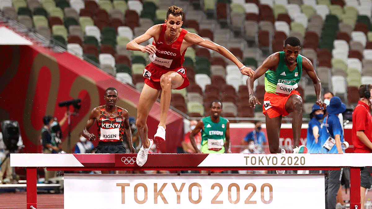 Soufiane El Bakkali from Morocco in action during the Men's 3000m Steeplechase final at the Olympic Stadium, Tokyo, on Monday