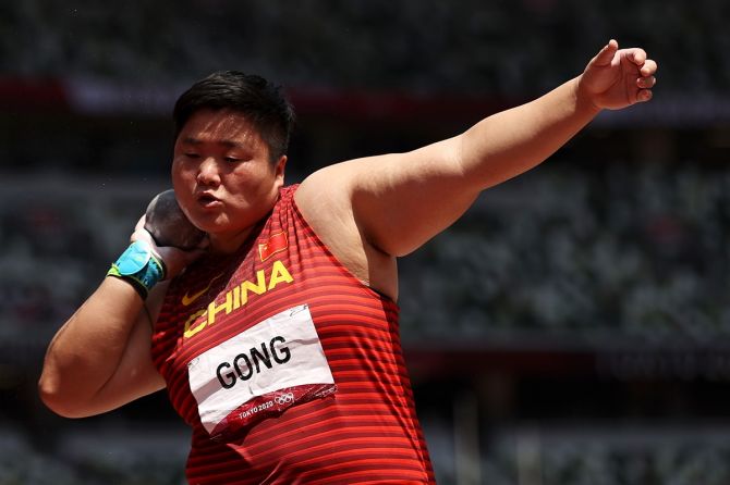 China's Lijiao Gong competes in the women's Shot Put final on way to a personal best effort of 20.58m