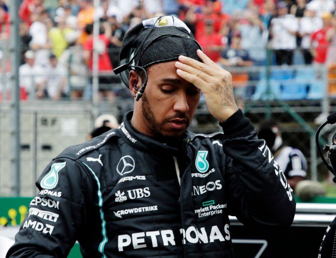 Mercedes drive Lewis Hamilton reacts before the start of the Hungary F1 GP on Sunday.