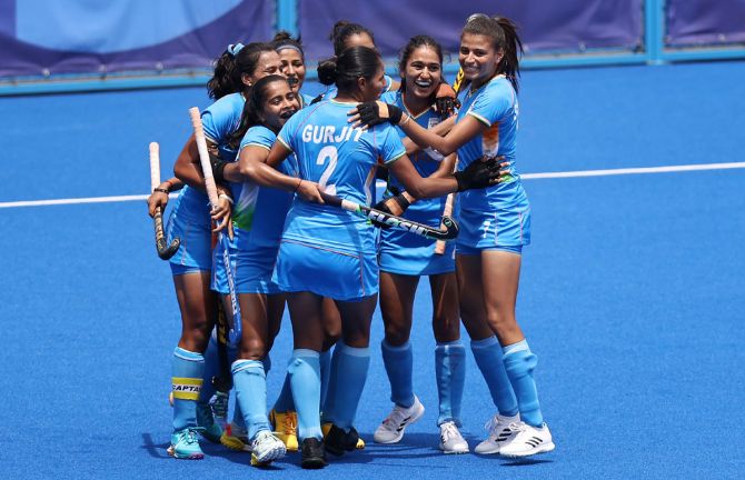Gurjit Kaur celebrates scoring the all-important goal for India in the Olympics women's quarter-final against Australia, at Oi Hockey Stadium in Tokyo, on Monday