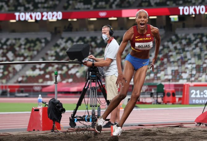 Venezuela's Yulimar Rojas celebrates after setting a new World record at 15.67m in the women's Triple Jump final. 