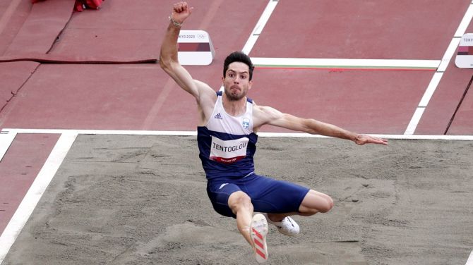 Greece's Miltiadis Tentoglou in action during the men's Long Jump final
