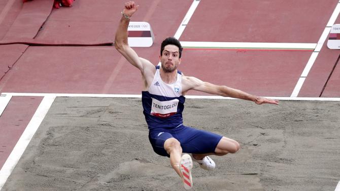 Greece's Miltiadis Tentoglou in action during the men's Long Jump final