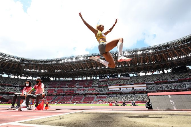 Germany's Malaika Mihambo competes in the Olympics women's Long Jump final, at Olympic Stadium in Tokyo, on Tuesday.