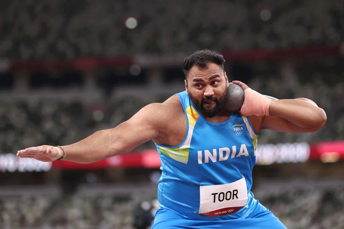 India's Tajinderpal Singh Toor of competes in the Men's Shot Put qualification on day eleven of the Tokyo 2020 Olympic Games at Olympic Stadium in Tokyo, on Monday