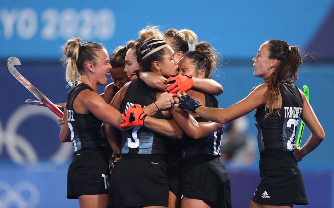 Maria Noel Barrionuevo celebrates with teammates after scoring Argentina's second goal during the Olympics women's hockey semi-final against India, at Oi Hockey Stadium in Tokyo, on Wednesday.