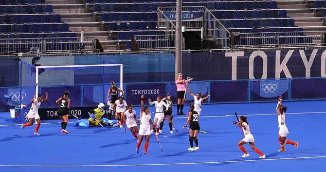 India's players celebrate after Gurjit Kaur scores early during the Olympics women's hockey semi-final against Argentina, at Oi Hockey Stadium in Tokyo, on Wednesday. 