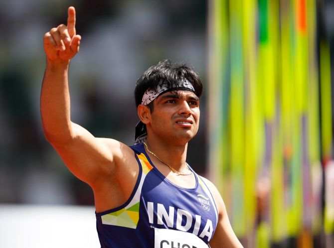 India's Neeraj Chopra reacts after his first attempt in the Olympics men's Javelin Throw qualification round at Olympic Stadium, in Tokyo, on Wednesday.