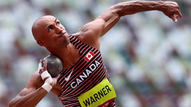 Canada's Damian Warner in action during the men's Decathlon Shot Put, at Olympic Stadium, Tokyo, on Wednesday. 