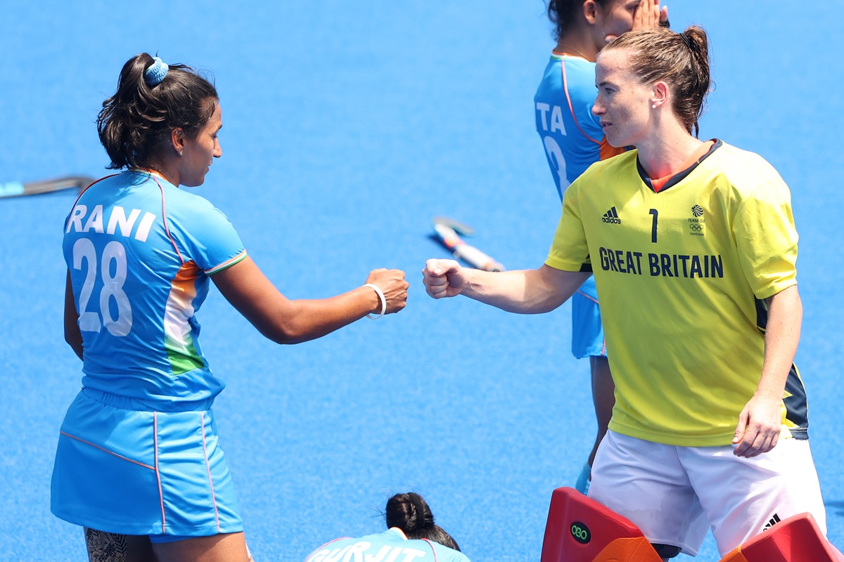 India's captain Rani Rampal congratulates Great Britain's Madeleine Claire after the Olympics women's bronze medal play-off match, at Oi Hockey Stadium in Tokyo, on Friday