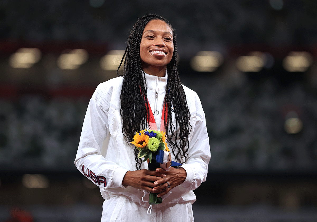 Women's 400m bronze medallist Allyson Felix of the United States on the podium 