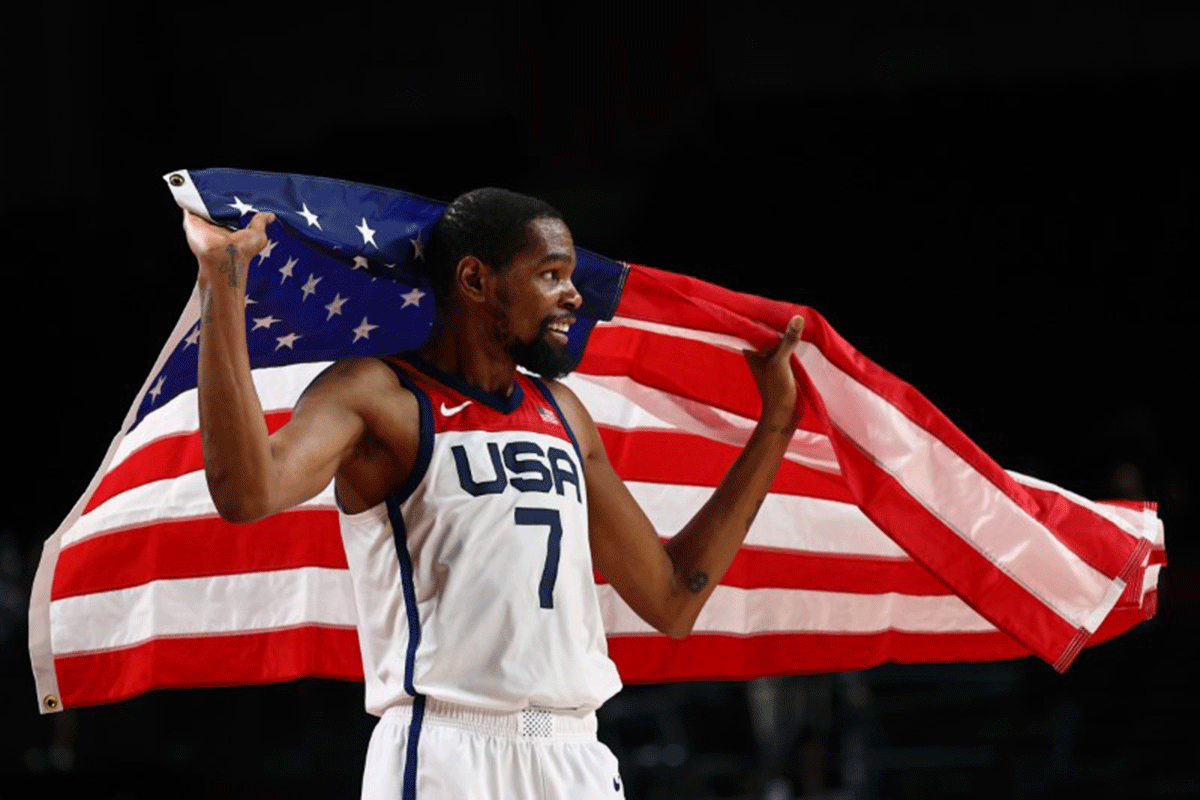 USA's Kevin Durant celebrates after winning the men's basketball gold medal match against France at the Saitama Super Arena, Saitama, Japan, on Saturday