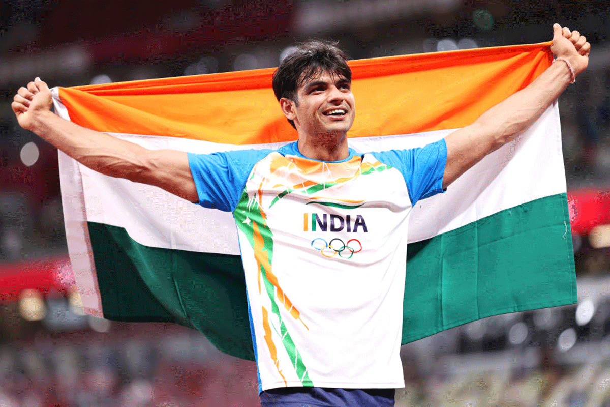 India's Neeraj Chopra celebrates on winning the gold medal in the Men's Javelin Throw Final of the Tokyo Olympics at Olympic Stadium in Tokyo on Saturday