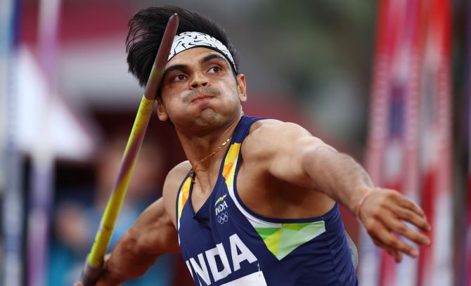 Neeraj Chopra prepares to release the spear in his first throw on Saturday.