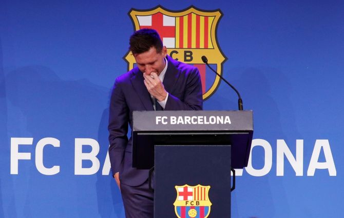 Lionel Messi breaks down during an FC Barcelona press conference, at 1899 Auditorium, Camp Nou, Barcelona, Spain, on Sunday.