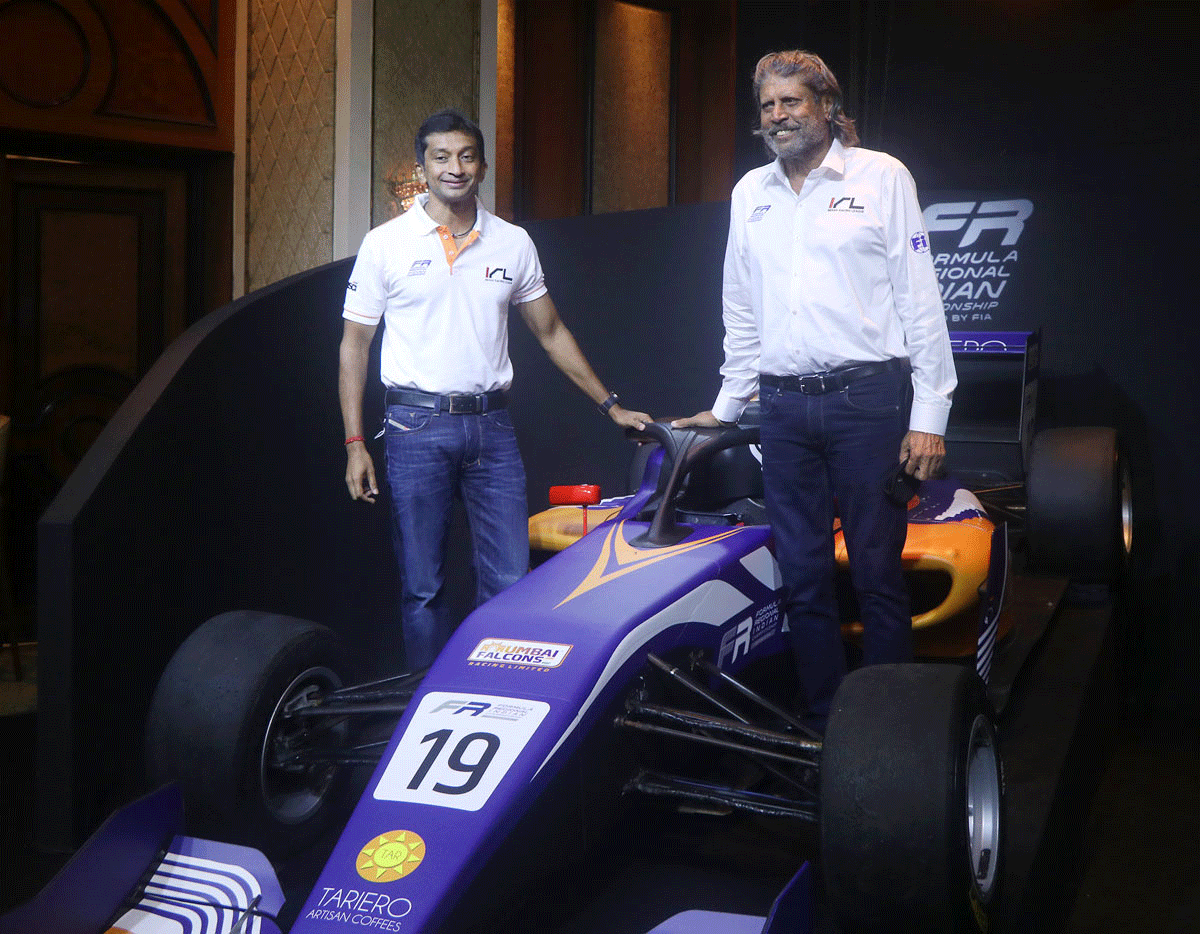 Kapil Dev and Narain Karthikeyan at the launch of the Formula Regional Championship in Mumbai on Thursday