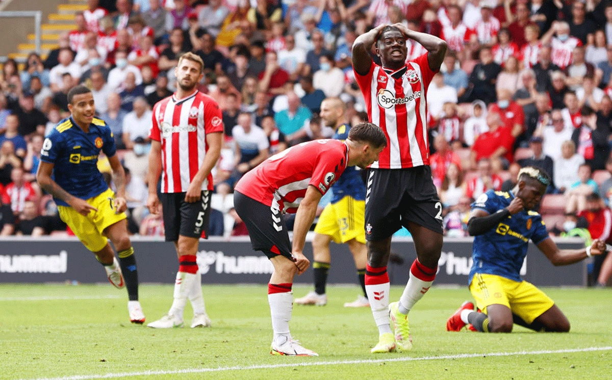 Southampton's Mohammed Salisu looks dejected after the Manchester United's Mason Greenwood scores the equaliser during their Premier League match at St Mary's Stadium in Southampton.