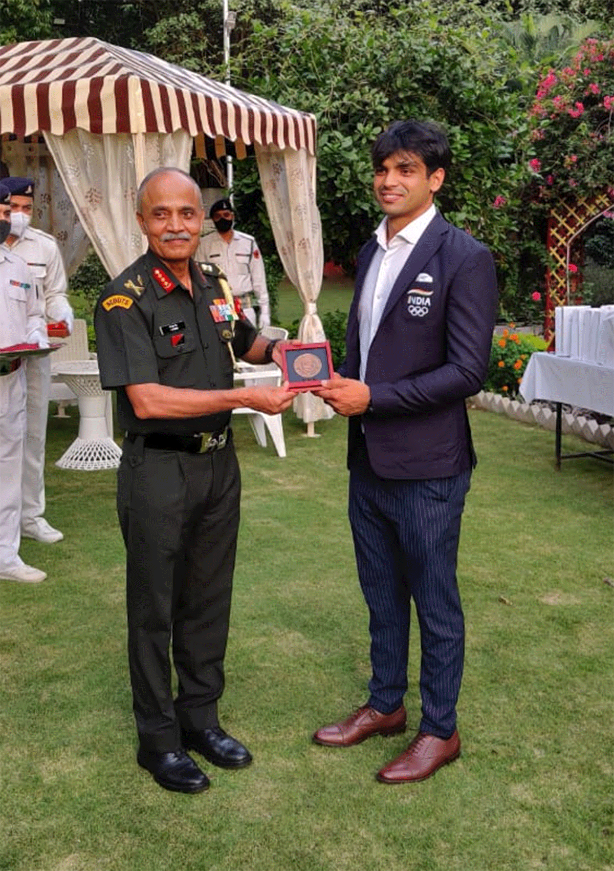 Tokyo Olympic gold medallist Neeraj Chopra is feliciatated by the Southern Command in Pune on Monday