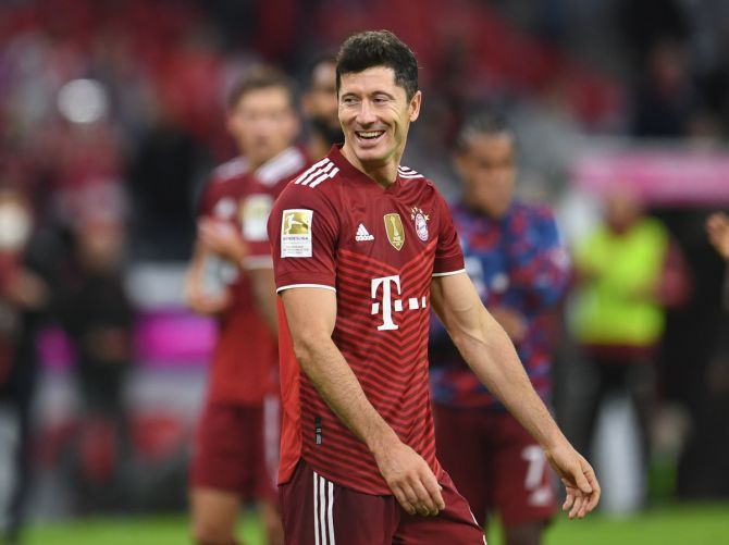Bayern Munich's Robert Lewandowski celebrates after the match against Hertha BSC, at Allianz Arena, Munich, 