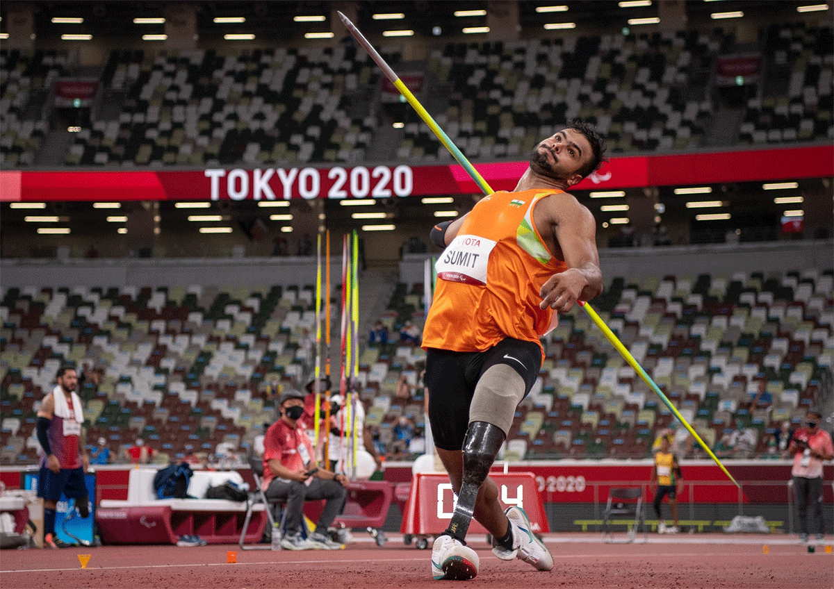 India's Sumit Antil in action during the javelin throw final in the men's F64 category at the Paralympic Games on Monday
