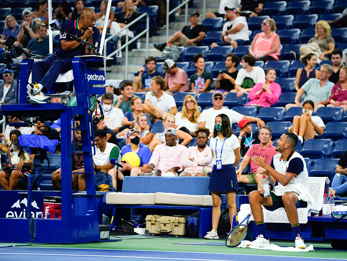 Australia's Nick Kyrgios argues with the chair umpire during his first round match against Spain's Roberto Bautista Agut