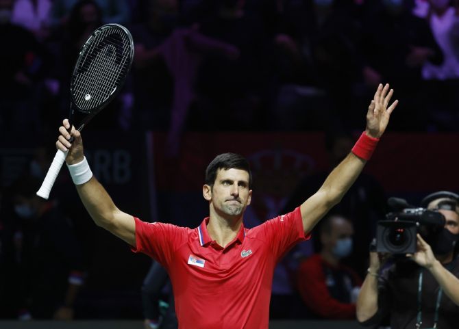 Serbia's Novak Djokovic celebrates after beating Kazakhstan's Alexander Bublik in the Davis Cup quarter-finals, at Madrid Arena, Spain, on Wednesday.
