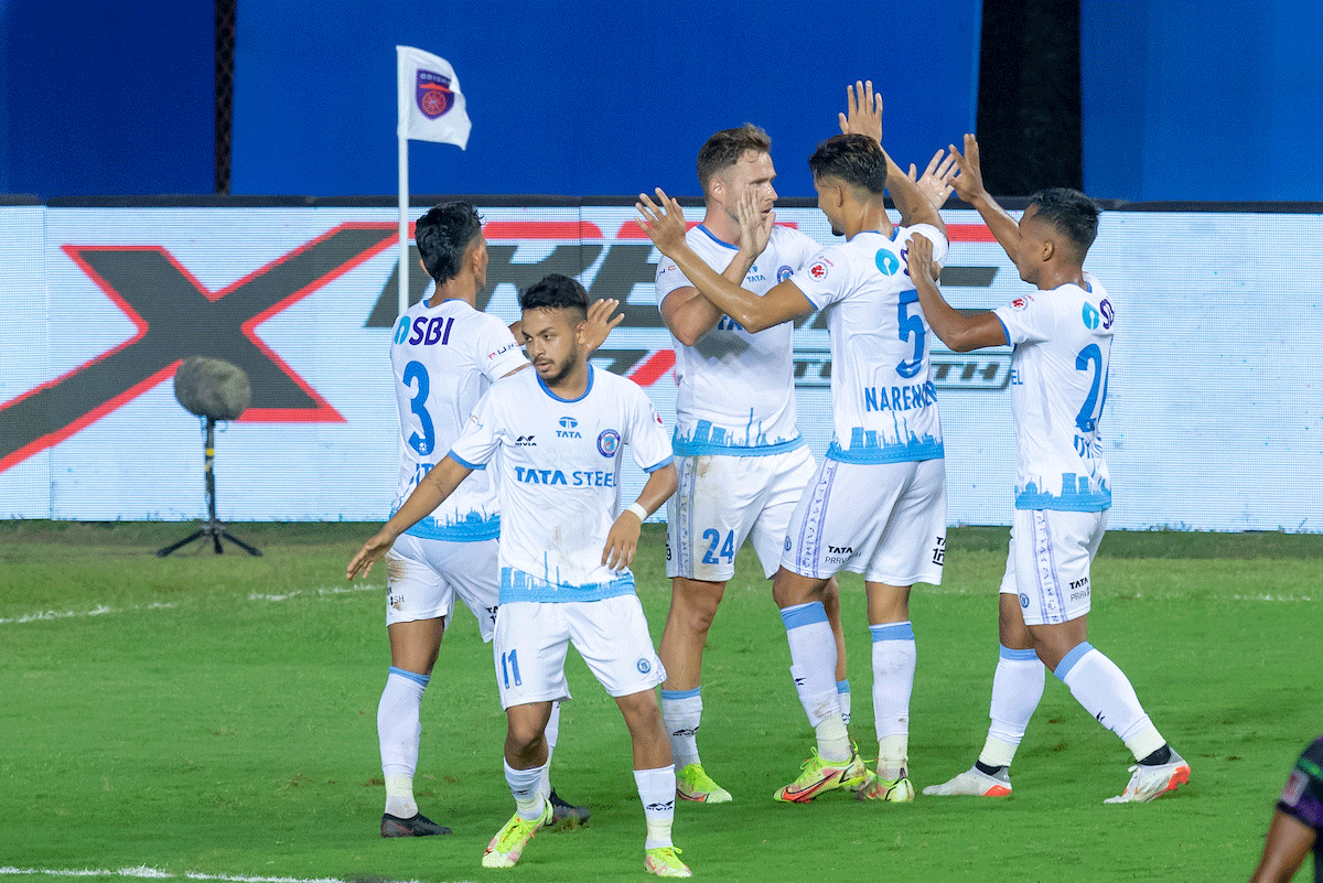 Jamshedpur FC's Greg Stewart celebrates with teammates on scoring a hat-trick against Odisha FC during their ISL match in Vasco on Sunday