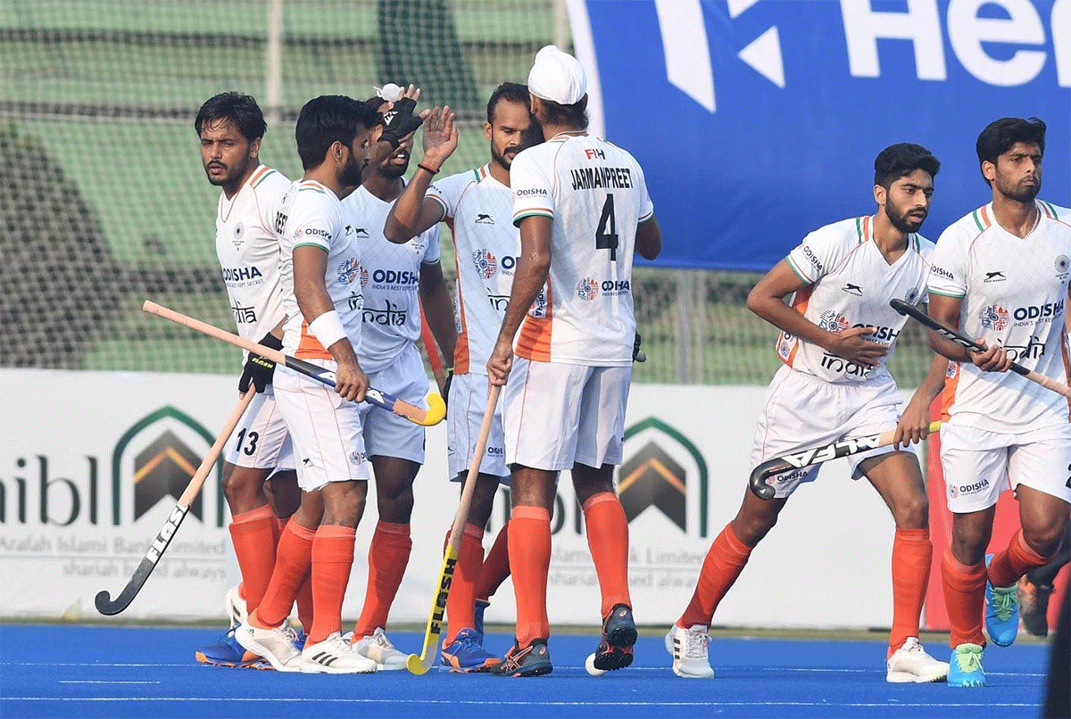 India players celebrate on scoring against Japan at the Asian Champions Trophy match in Dhaka on Sunday