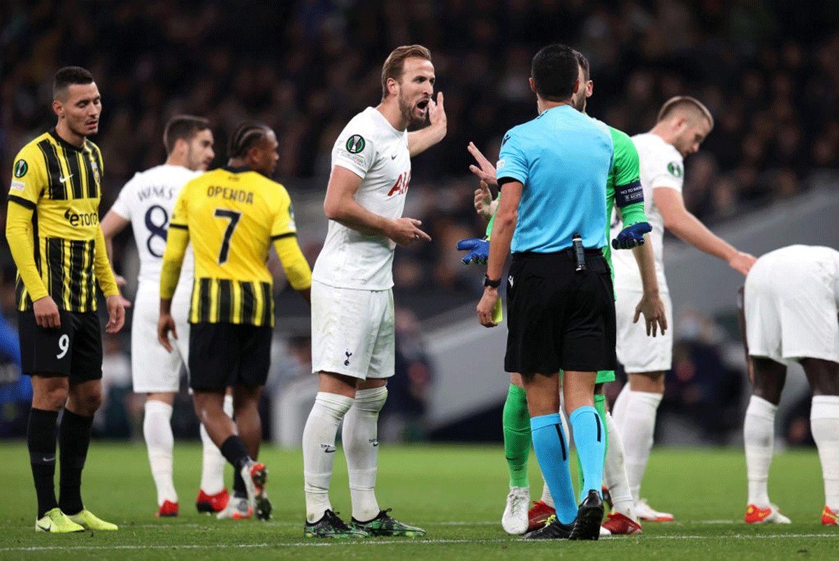 Tottenham Hotspur's Harry Kane speaks to the referee during the UEFA Europa Conference League group G match against Vitesse at Tottenham Hotspur Stadium in London, on November 04, 2021.