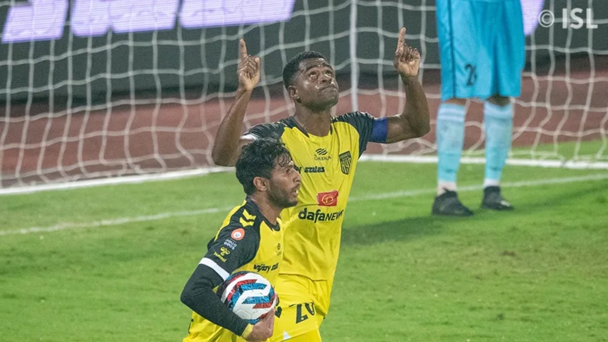 Hyderabad FC's Bartholomew Ogbeche celebrates after scoring against East Bengal SC in the Indian Super League match, in Bambolim, Goa, on Thursday