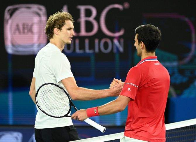 Novak Djokovic and Alexander Zverev after their group stage match.