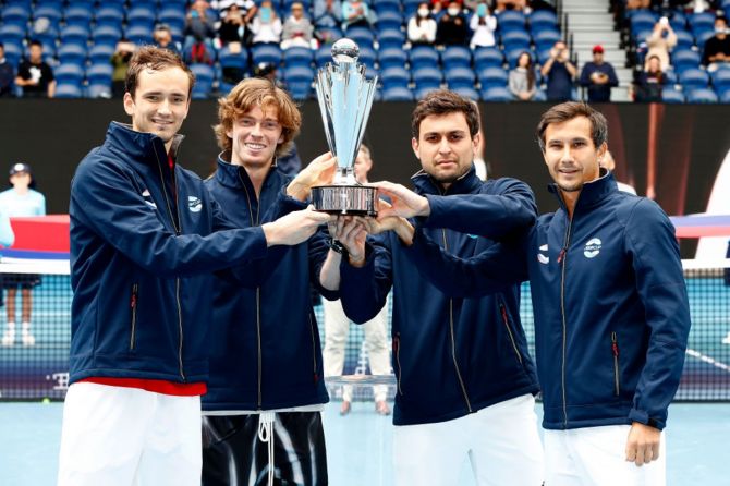 Team Russia pose with the ATP Cup Trophy after defeating Italy in the 2021 final at the Rod Laver Arena on Sunday. 